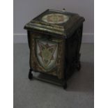 VICTORIAN BLACK JAPANNED AND GILDED PURDONIUM COAL BOX having gilded inset glass panels and being of