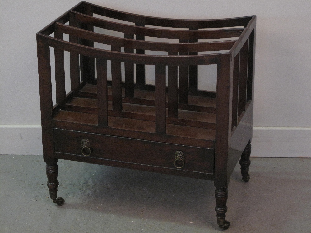 19th CENTURY MAHOGANY MUSIC CANTERBURY having plain, slatted dividers.  Cock beaded drawer with lion