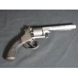 19th CENTURY ENGLISH FIVE SHOT PERCUSSION OPEN FRAME REVOLVER having 5" (13cm) barrel, swivel