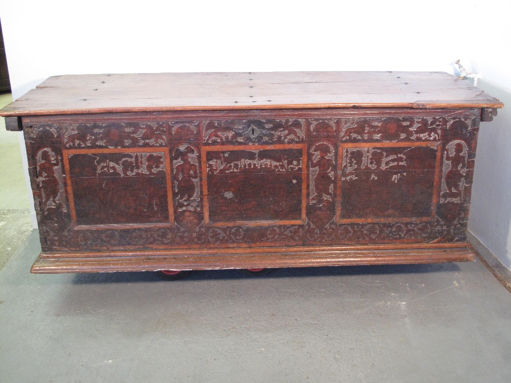 18th CENTURY CONTINENTAL WALNUT CASONNE, the plain studded top above inlaid and moulded front