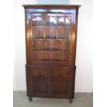 VICTORIAN MAHOGANY DOUBLE CORNER CUPBOARD, having moulded cornice over single glazed door with three