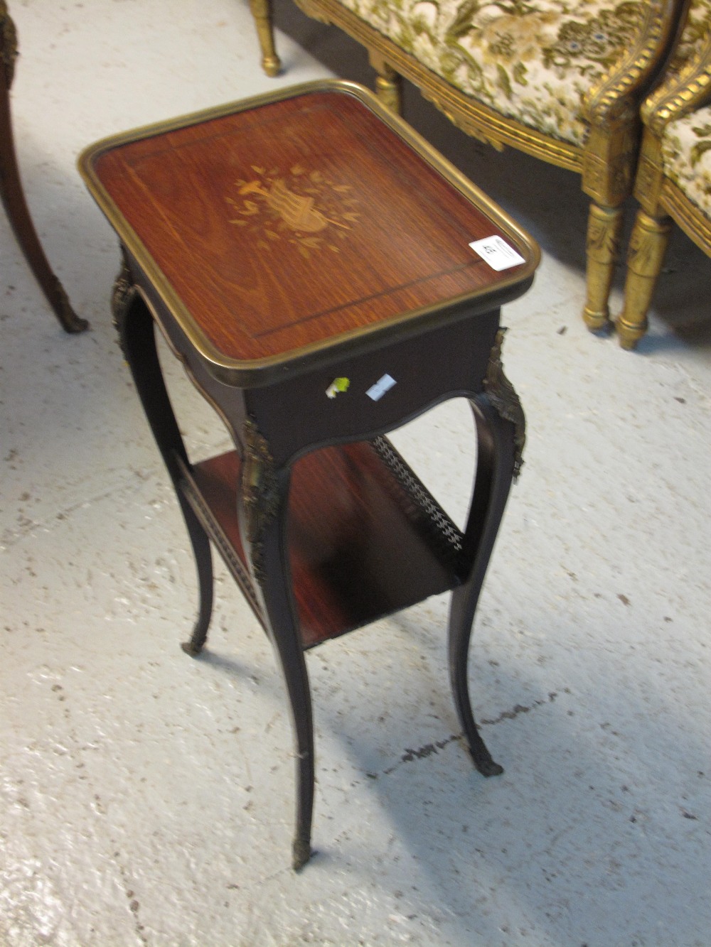 19th CENTURY FRENCH STYLE INLAID MAHOGANY AND ROSEWOOD TWO TIER ETAGERE, the top with inlaid musical - Image 3 of 6