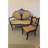 VICTORIAN INLAID MAHOGANY SHOWFRAME UPHOLSTERED SOFA having pierced and foliate moulded back with