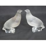 TWO LALIQUE FROSTED GLASS STUDIES OF PARTRIDGES WITH DETAILED PLUMAGE AND CLEAR GLASS BASES.  The