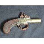 18th CENTURY BOX LOCK FLINT LOCK POCKET PISTOL, with brass turn off barrel and brass engraved