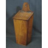 EARLY 19th CENTURY FRUITWOOD CANDLE BOX of tapering form on a rectangular base 8.5" L x 5.5"W x 19.