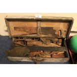 Vintage carpenters trunk with assorted vintage tools, saws, clamps, planes etc.