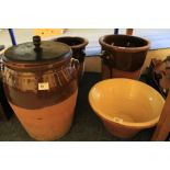 Five pieces of assorted stoneware pottery to include creaming pan, three two handled tapering jars,