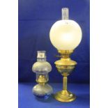 Early 20th Century brass double burner oil lamp together with similar smaller version with blue