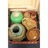 Tray of assorted stoneware jars and jugs etc., together with large Eastern brass jar and a brass