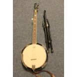 Remo Weather King 5 string long neck banjo with tripod and carry case.