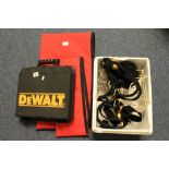 Dewalt workman's box, two gun or archery bags and box containing workman's straps, curtain ties,