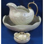 Shelley china cream lustre, shell shaped jug and basin set to include soap dish and cover.