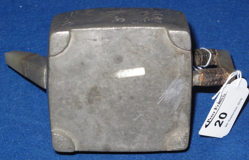 Small Chinese pewter teapot or rice wine pot with hard stone mounts and engraved script overall. - Image 2 of 2