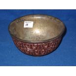 Chinese carved wooden bowl overall with incised scroll work and having metal liner. CONDITION