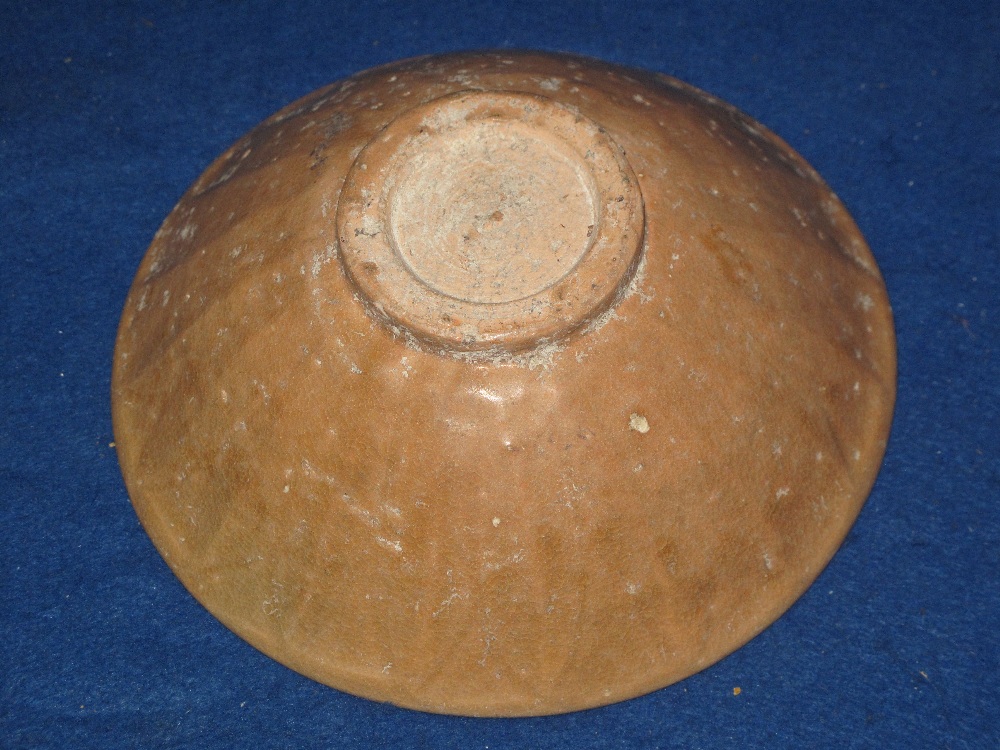 Provincial Chinese shallow rice bowl with solid tan glaze.  Interior stilt marks.  Unmarked. - Image 2 of 2