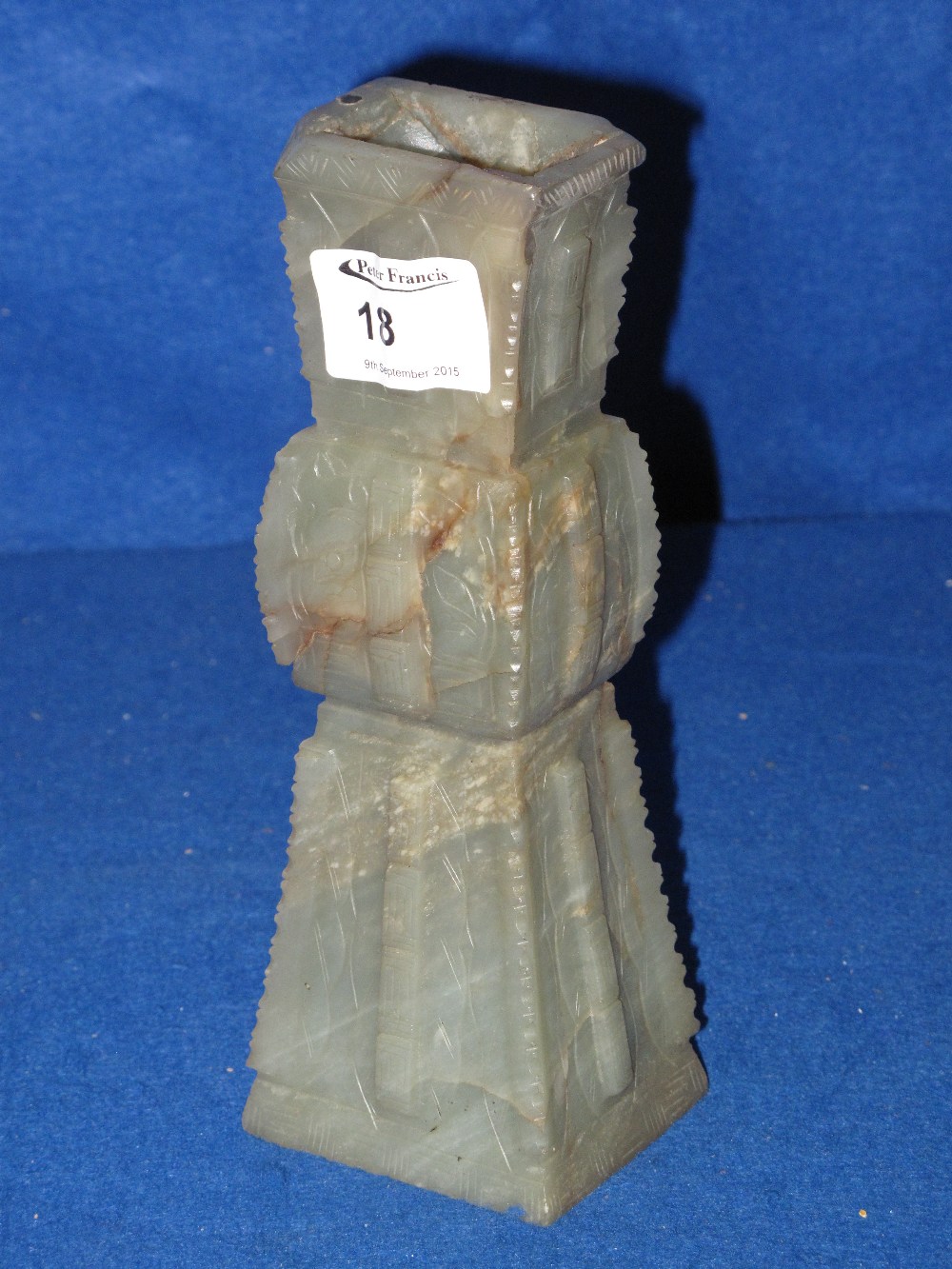 Chinese carved green hard stone angular shaped vase or candle stand. CONDITION REPORT: Significant