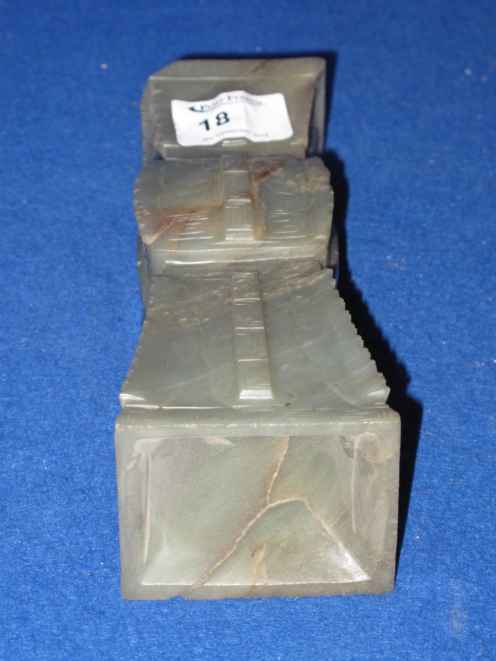 Chinese carved green hard stone angular shaped vase or candle stand. CONDITION REPORT: Significant - Image 2 of 2