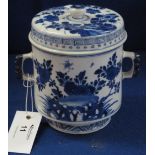 Chinese porcelain Quianlong style straight sided, two-handled jar and cover on pedestal foot,