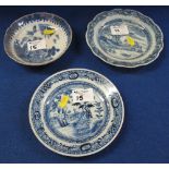 Two Chinese porcelain blue and white underglazed, decorated small plates and a similar dish.  (3)