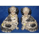 Pair of reproduction Staffordshire style seated spaniels with black and white splash decoration