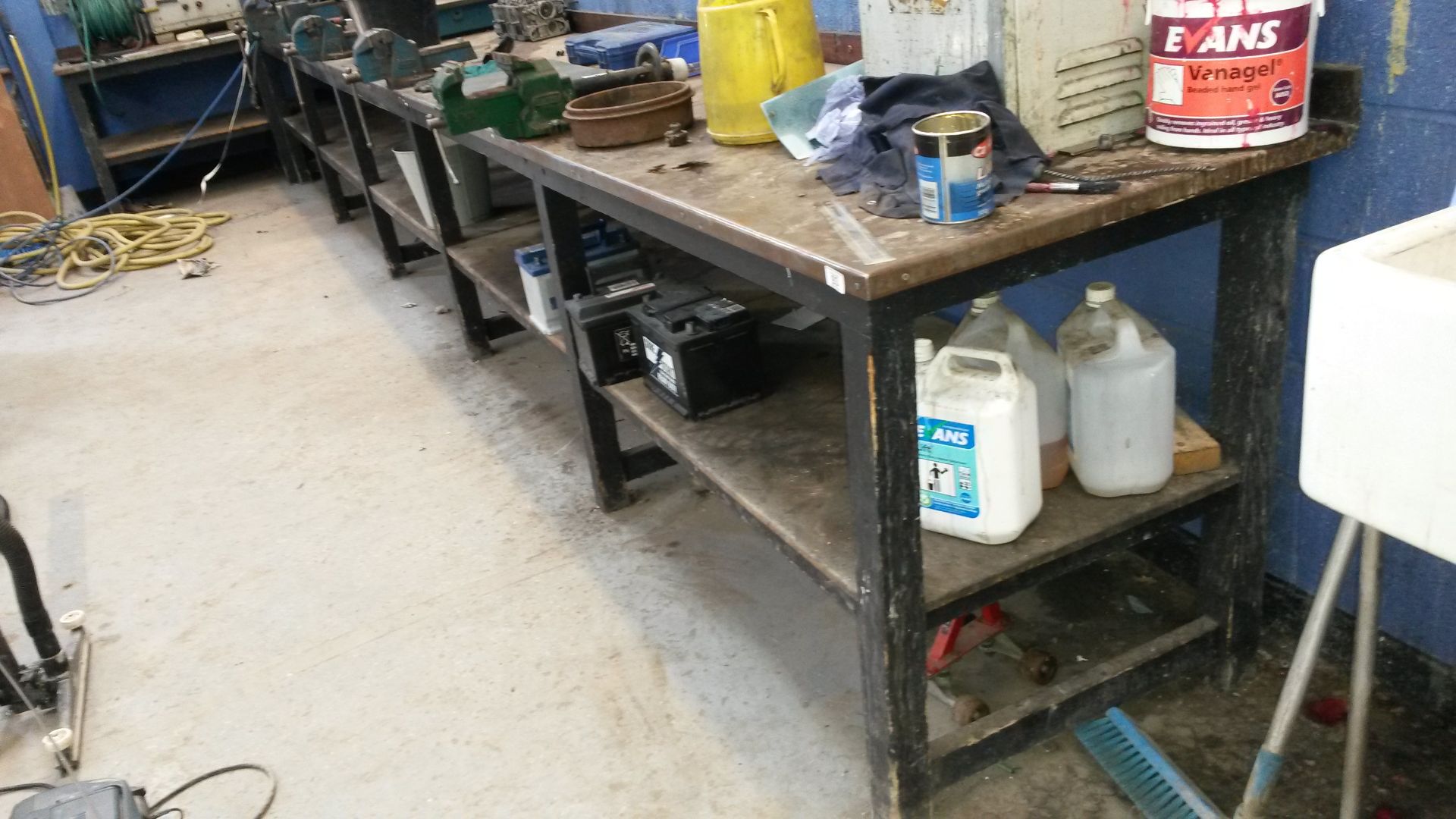 metal top work bench on wood frame approx. 9mx800, not vices/contents - Image 2 of 2