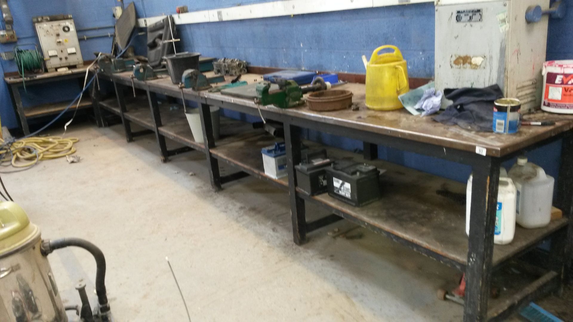 metal top work bench on wood frame approx. 9mx800, not vices/contents