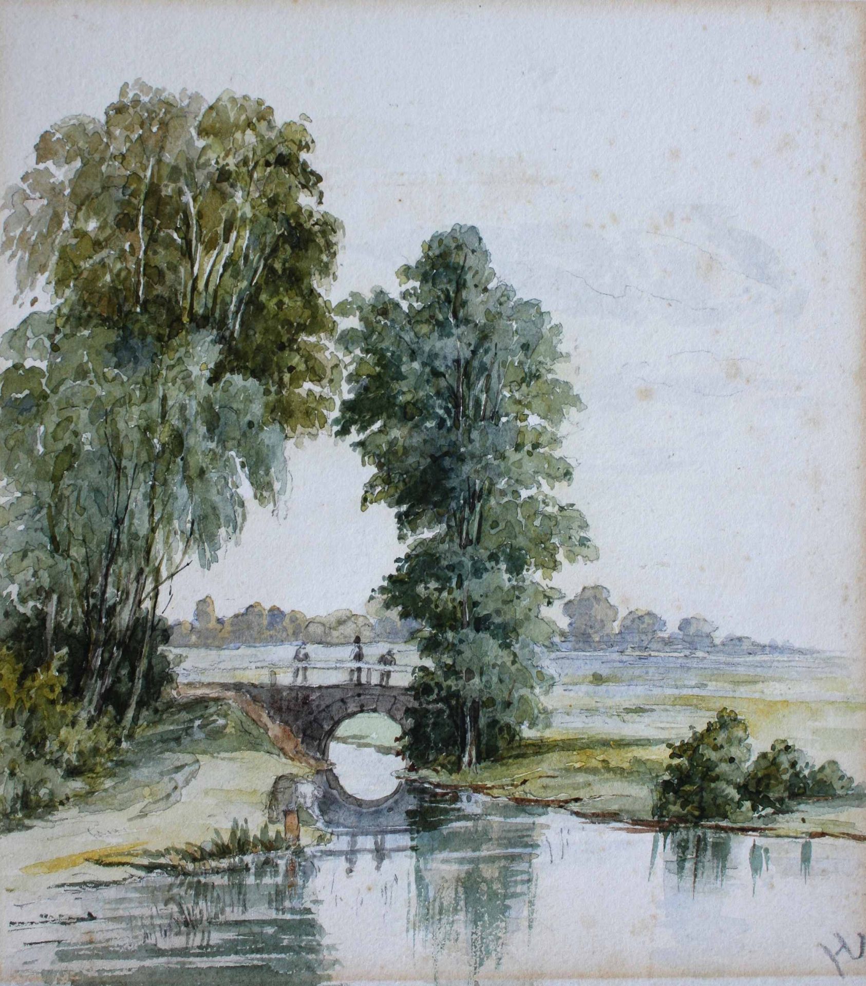 Ludwig, Hugo (1861 – nach 1920 )„Auf der Brücke“Aquarell, u.r.monogrammiert, o.J., Maße: 24,5x22 cm,