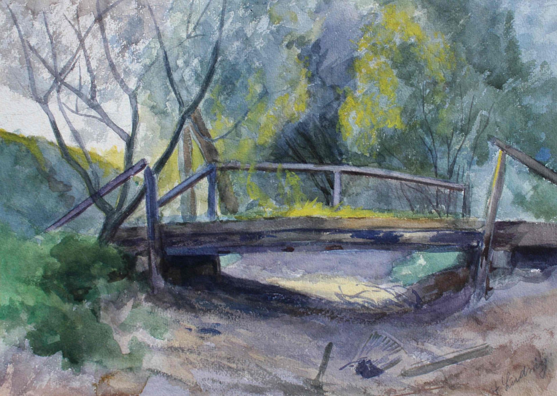 Ludwig, Hugo (1861 – nach 1920 )„Alte Brücke über der alten Beke im Garten in Steglitz“Aquarell, u.