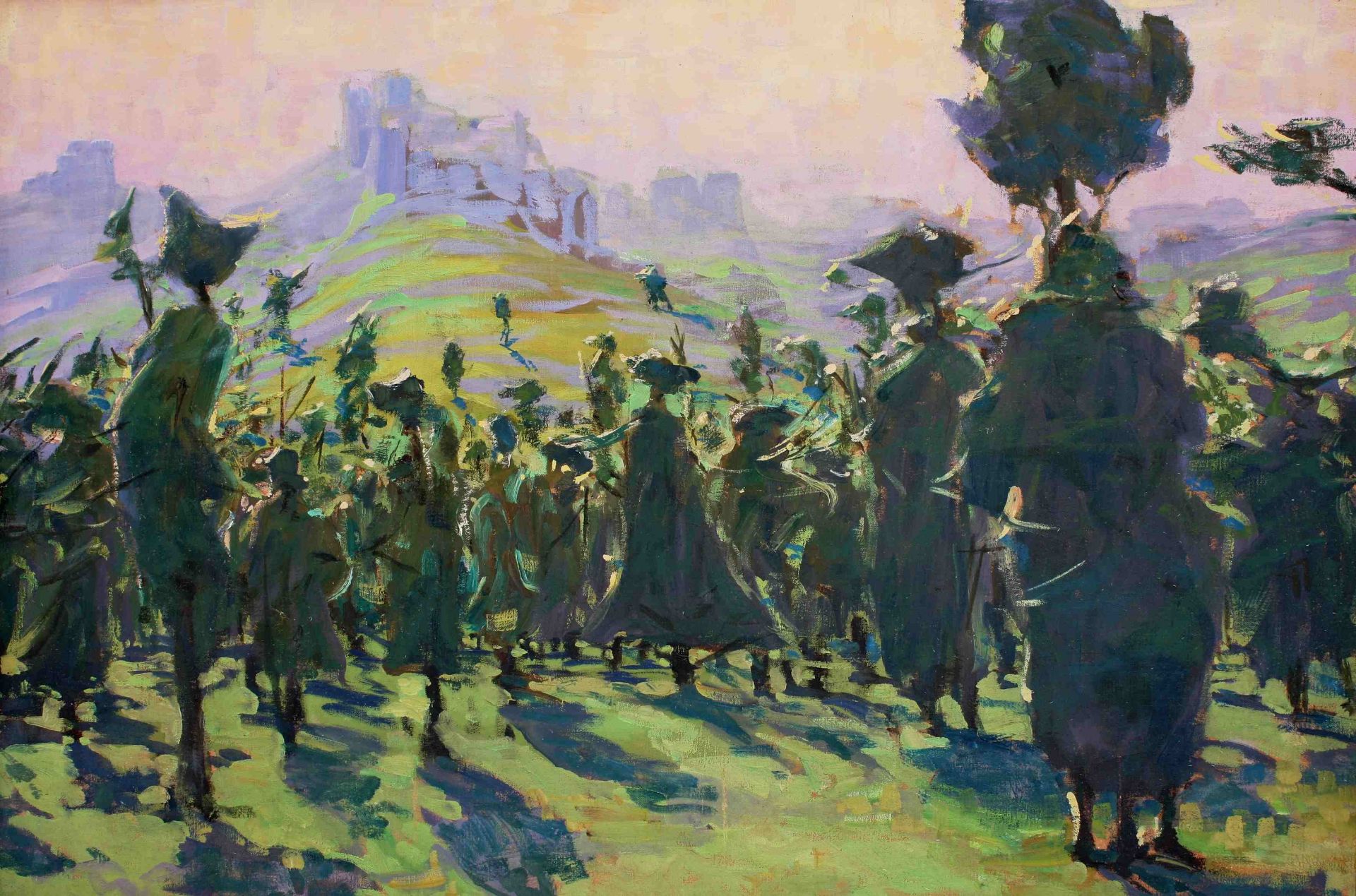 Jacoby, Meinhard (1873 Wien - 1956 Paraíba do Sul/Brasilien)„Hopfen vor Bergkulisse“Öl/Leinwand,