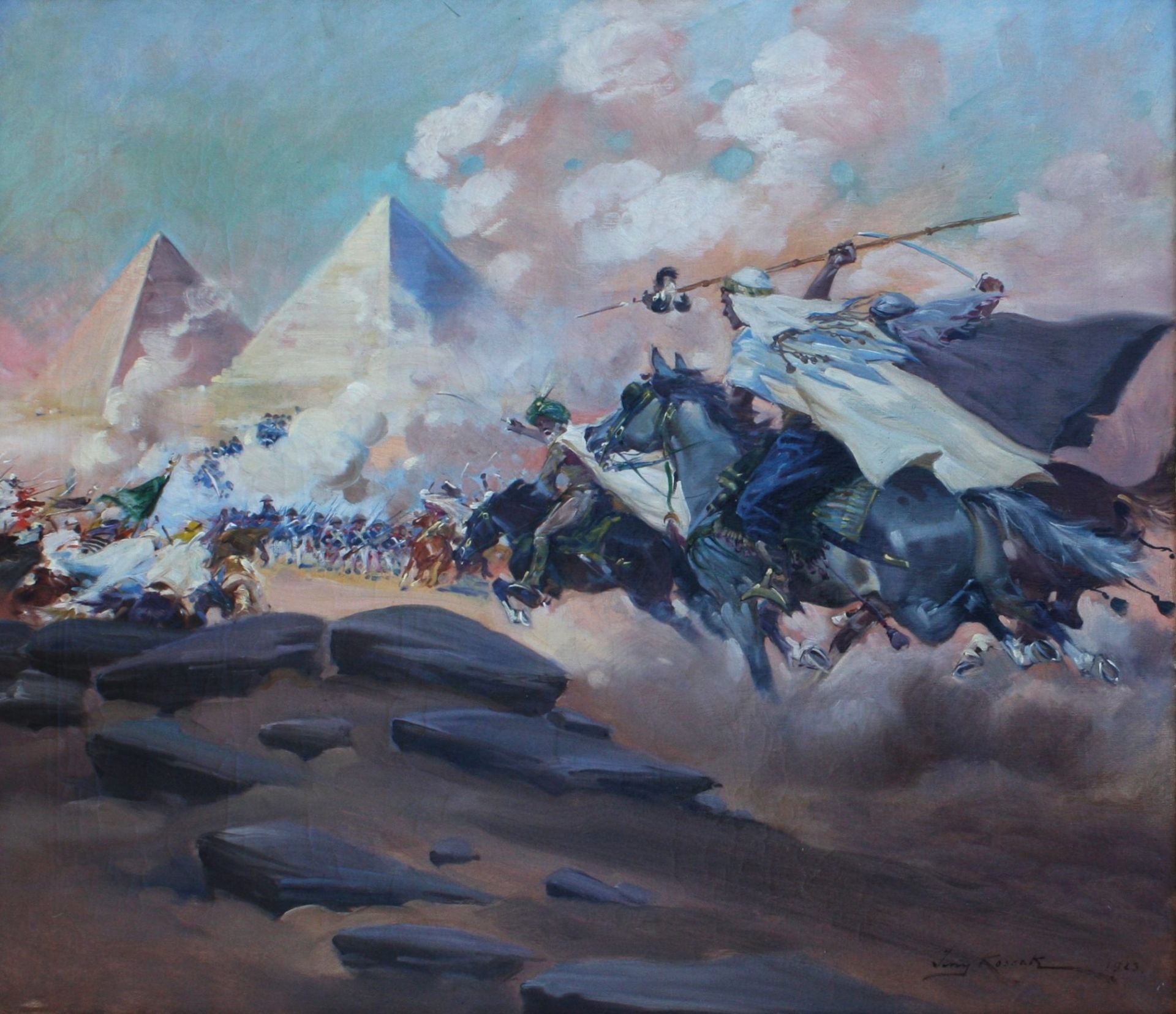 Kossak, Jerzy (1886 Krakau – 1955 Krakau)„Schlacht am Fuße der Pyramiden“Öl/Lwd., u.r. sign./dat.:
