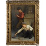 John George Brown (American 1831-1913), oil on canvas of two boys with a firecracker and a cap