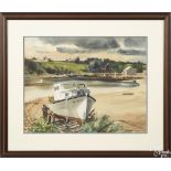 Ranulph Bye (American 1916-2003), watercolor harbor scene, titled On the Beach, Thomaston Maine,