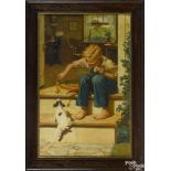 Norman Mills Price (American 1877-1951), oil on canvas illustration of a boy feeding a dog a bone,