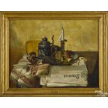 Carl Philipp Weber (American 1850-1921), oil on canvas still life, signed lower left, 18'' x 24''.