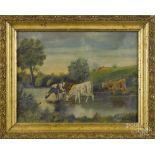 Pair of American oil on canvas bucolic landscapes, late 19th c., signed W.C. Hollman, 9" x 12".