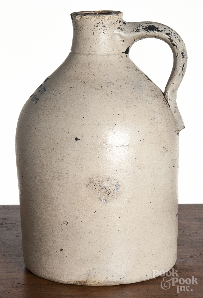 Massachusetts stoneware merchant jug, 19th c., impressed J. H. Lowe 225 Acushnet Ave New Bedford - Image 2 of 2