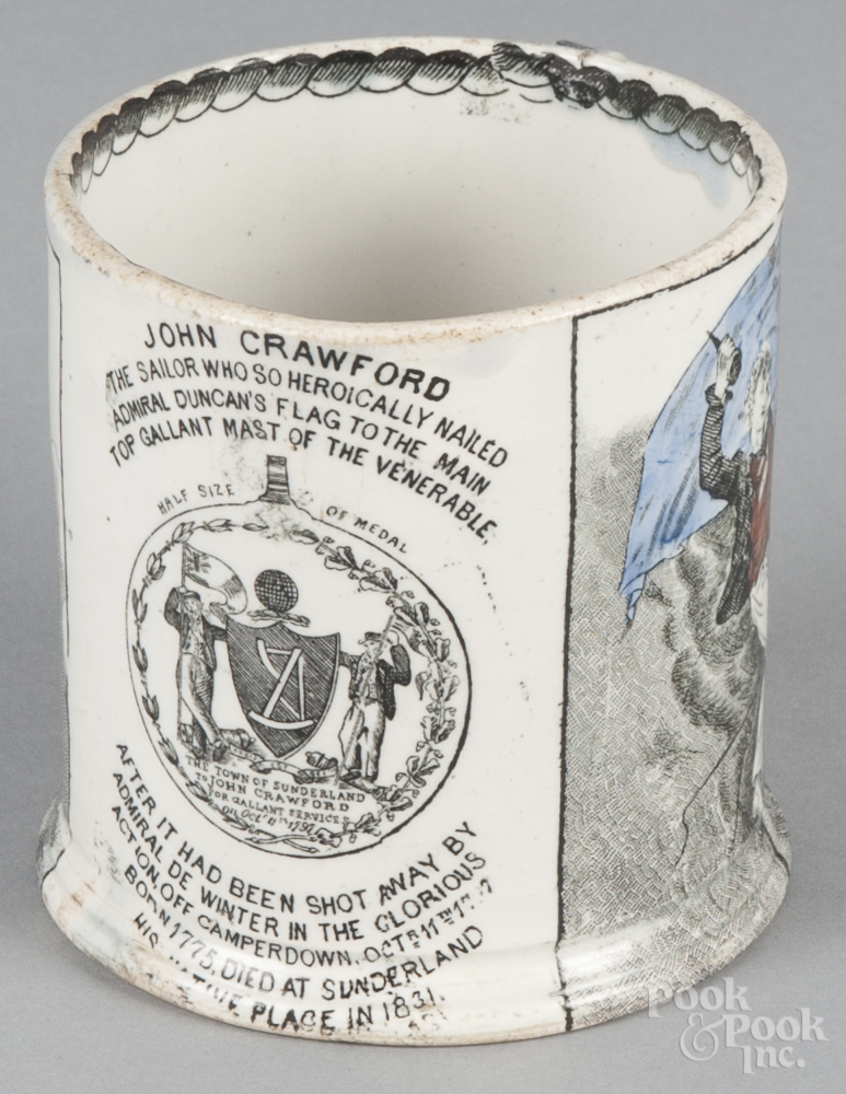 Staffordshire transferware mug, 19th c., inscribed John Crawford, with a nautical scene and - Image 2 of 2