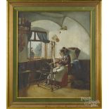 American oil on canvas interior scene, signed H. Von Brawer 1890, 28" x 24". Overall good. Painted