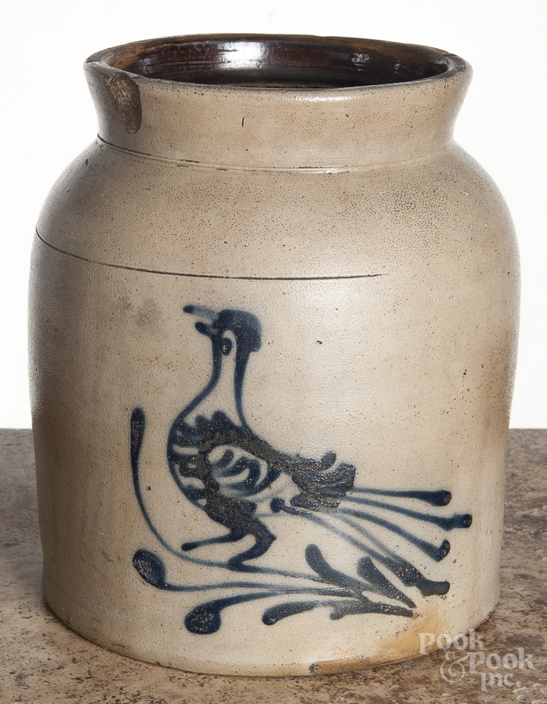 Stoneware crock, 19th c., probably New York, with cobalt bird decoration, 8 3/4" h. Two 1" rim