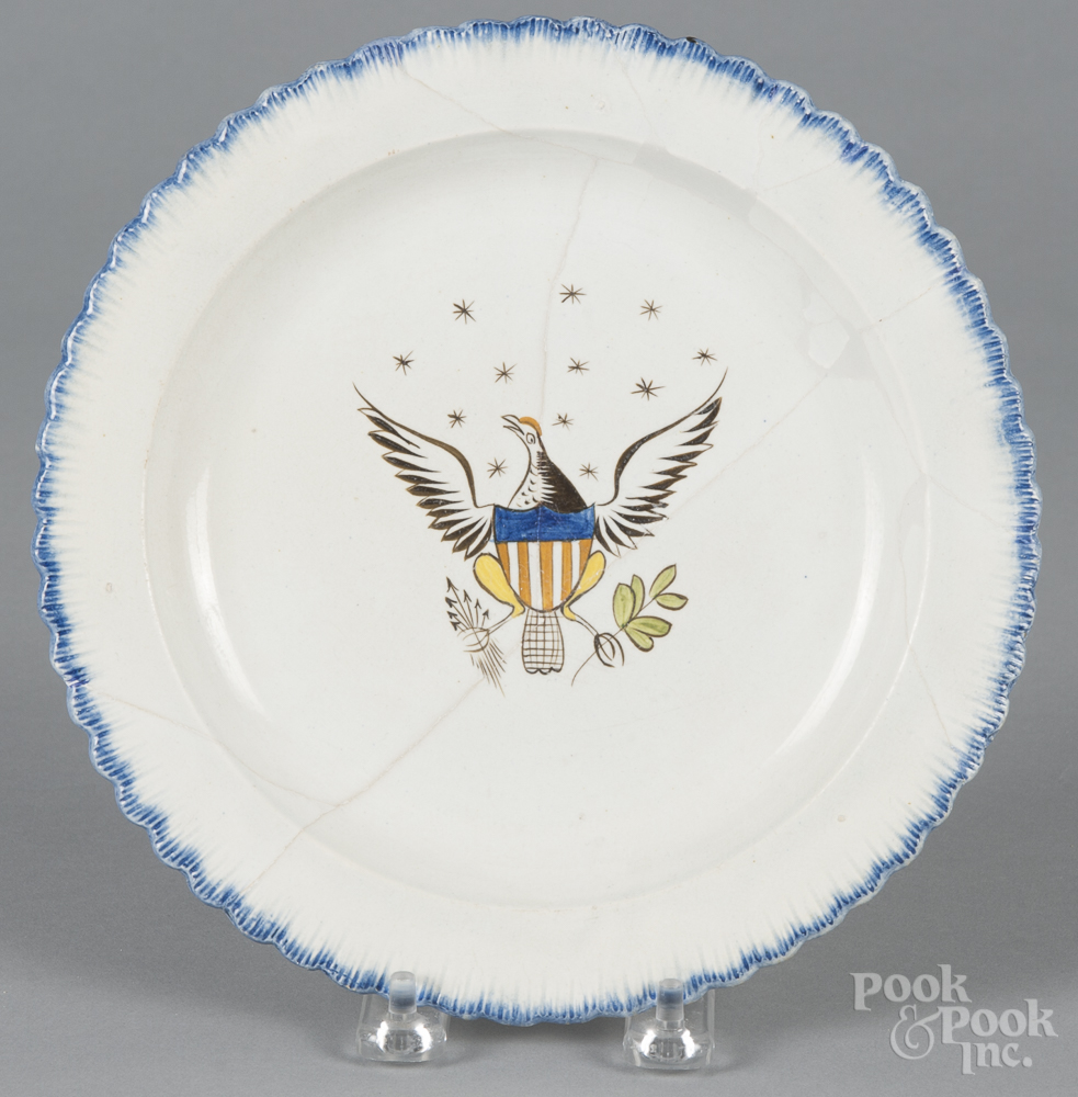 Leeds blue feather edge plate with an eagle, 19th c., 8 1/2" dia. Large break repairs.  CLICK HERE