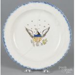 Leeds blue feather edge plate with an eagle, 19th c., 8 1/2" dia. Large break repairs.  CLICK HERE