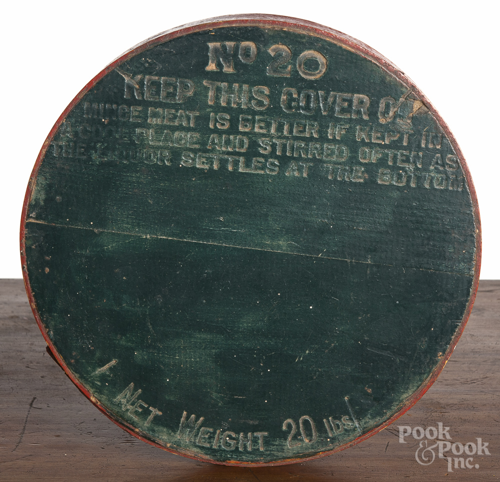 Painted mince meat bucket, ca. 1900, 10" h., retaining an old red, blue, and green surface. As - Image 2 of 2