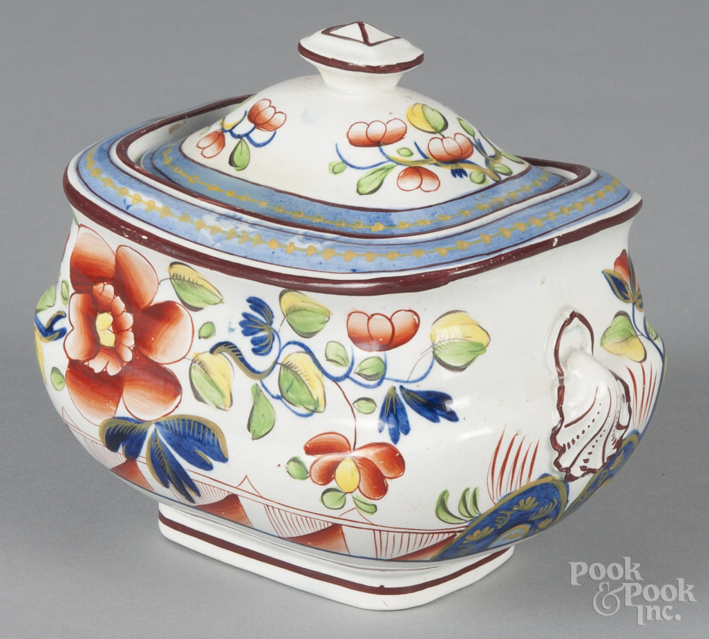 Gaudy Dutch porcelain single-rose sugar bowl, 19th c., 5 1/2" h. Small chip repair to interior rim