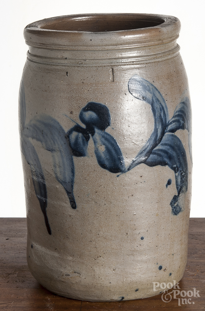 Pennsylvania one-gallon stoneware jar, 19th c., with cobalt floral decoration, 11" h. Good condition