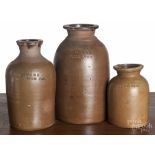 Delaware stoneware bottles, 19th c., impressed Wm. Hare Wilmington Del., 9 1/4" h., 8" h., and 5 3/