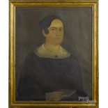 American oil on canvas folk portrait of a woman, ca. 1830, 27" x 22". Dirty surface. Craquelure.