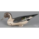 Carved and painted pintail duck decoy, mid 20th c., 18" l. Age cracks to body and neck, original