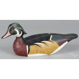 Contemporary wood duck decoy, signed A. J. Birdsall 1986, 15 3/4" l. Good condition with no apparent