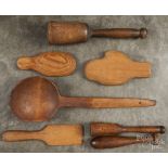 Woodenware, 19th c., to include mitten stretchers, mashers, a ladle, etc. As expected wear and